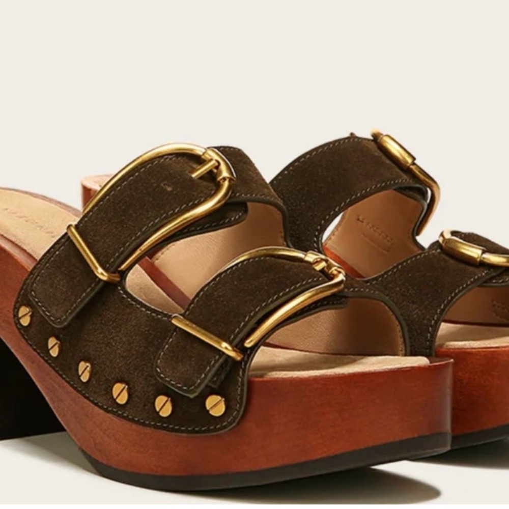 Veronica Beard Olive Green and Gold Mules with Platform Design